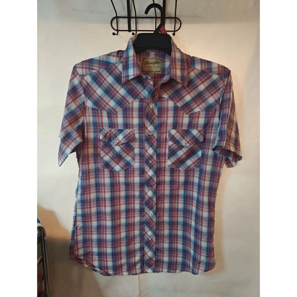 Men's Wrangler Short Sleeve Plaid Pearl Snap Shirt - Red & Blue (Size M)